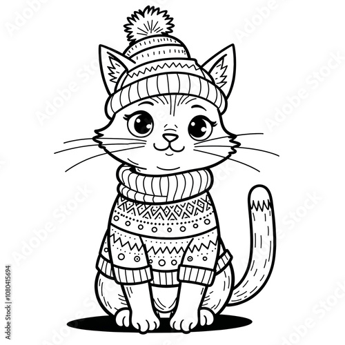 Cute Cat in Knitted Hat and Sweater Coloring Page