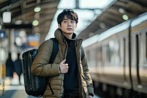 A young man holding a suitcase waits for a train at the train station for traveling photo