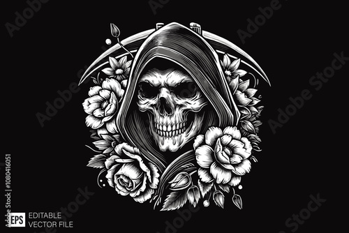 grim reaper illustration dark art style vector design black and white illustration