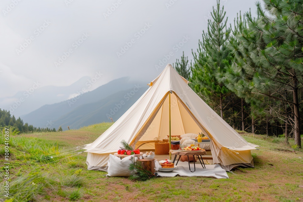 Glamping offers a luxury camping experience.A serene glamping setup featuring a cozy tent in a lush green landscape, ideal for a picnic amidst nature. Glamping offers a luxury camping experience.A serene glamping setup featuring a cozy tent in a lush green landscape, ideal for a picnic amidst nature.