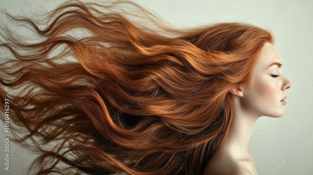 A profile view of a woman with flowing, vibrant red hair, showcasing a serene expression against a simple background. A profile view of a woman with flowing, vibrant red hair, showcasing a serene expression against a simple background.