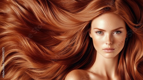 A close-up of a model with stunning long, flowing red hair, showcasing vibrant color and texture, emphasizing beauty and elegance.