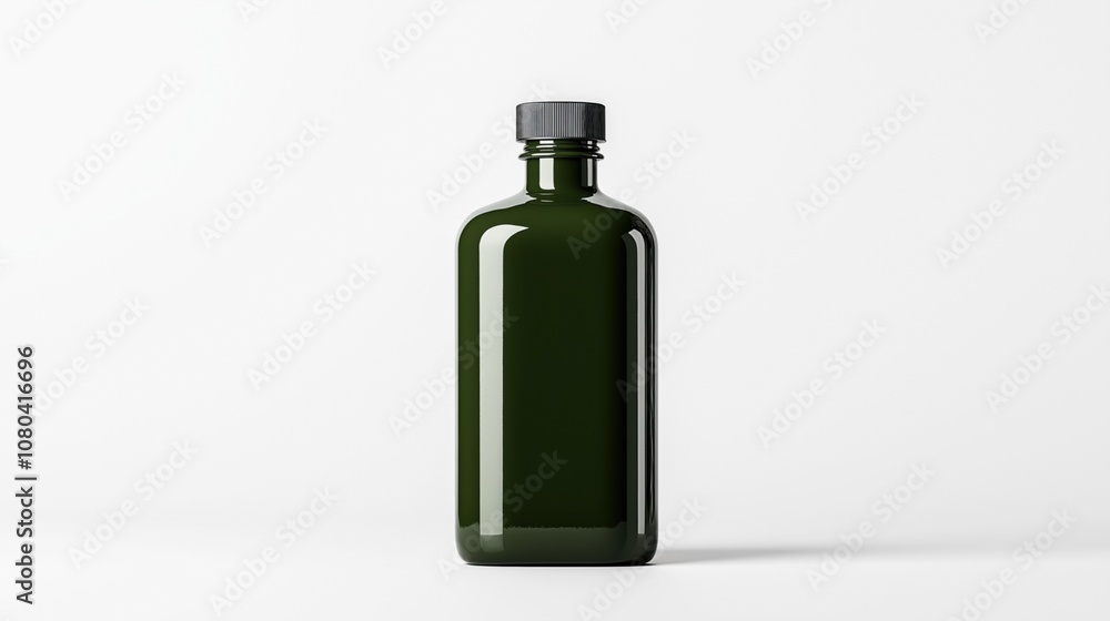 Minimalistic image of a dark green glass bottle with a black cap on a plain white background Minimalistic image of a dark green glass bottle with a black cap on a plain white background