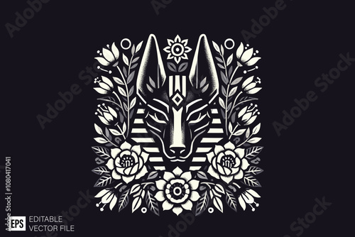 wolf egyptian art anubis head dark art style vector design black and white illustration