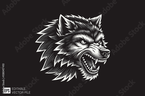 wolf head dark art style vector design black and white illustration photo