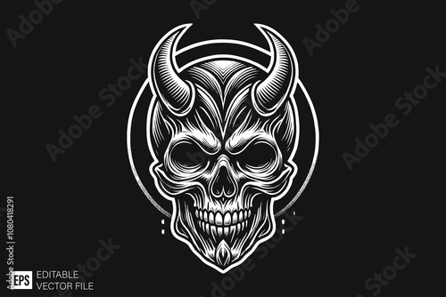 skull demon head dark art style vector design black and white illustration