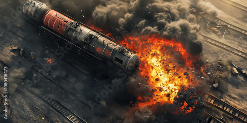 Massive explosion of train tanker transporting hazardous materials with intense black smoke and bright flames, debris scattered across the scene. Dangerous industrial accident highlighting risks 