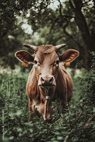 Curious cow with a bell around its neck standing in a green pasture photo