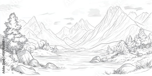 Detailed sketch of a mountain landscape featuring a river, trees, and a tranquil atmosphere.