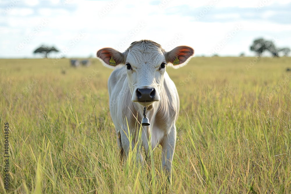 Fototapeta premium Curious cow with a bell around its neck standing in a green pasture