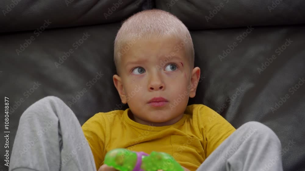 concentrated small child boy sitting on the sofa and carefully watching a cartoon on TV at home, frowns slightly in fear concentrated small child boy sitting on the sofa and carefully watching a cartoon on TV at home, frowns slightly in fear