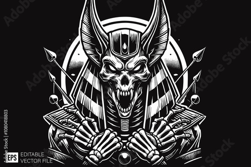 wolf egyptian art anubis head dark art style vector design black and white illustration