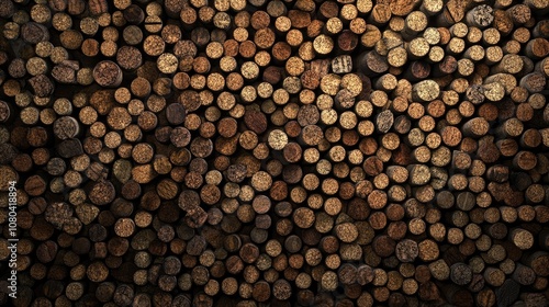 A visually striking image of neatly stacked logs, showcasing rich textures and warm earthy tones.