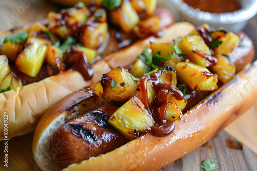 Delicious pineapple hot dog with caramelized pineapple and tangy BBQ sauce for tropical street food flavor
