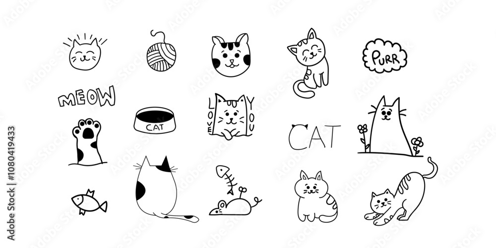 Fototapeta premium Cat that are just better collection,Hand draw set drawing of piece of every cats life,silly happy little meow bunch,cherry your furry little friend. 