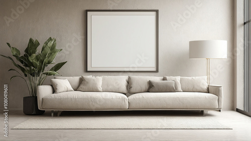 Wall Art Poster Mockup in Living Room. Interior Scene with Home Setting. Contemporary Decor. 3D Rendering