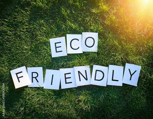 The words eco-friendly spelling out in white paper against a grassy backdrop.