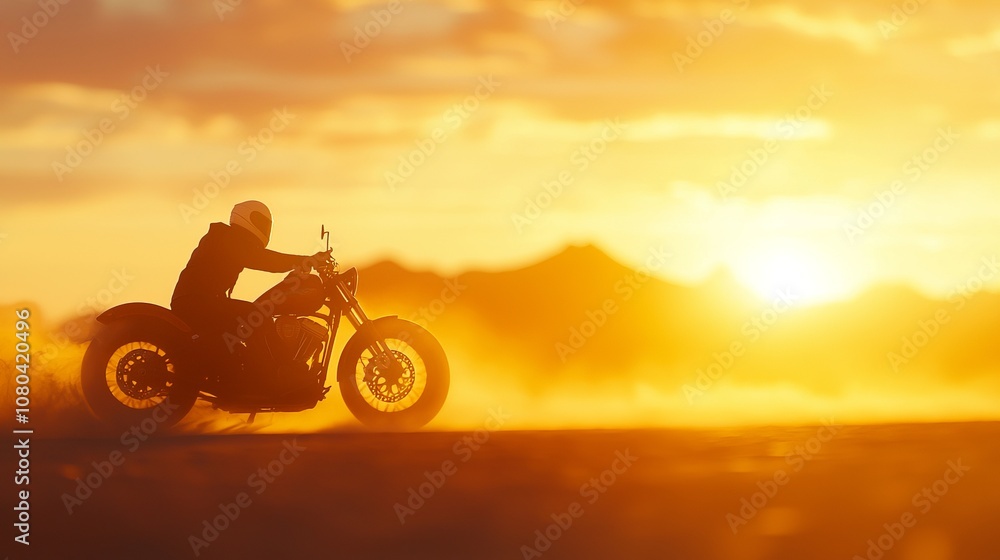 Fototapeta premium A motorcyclist rides into the sunset, creating a dynamic and serene atmosphere.