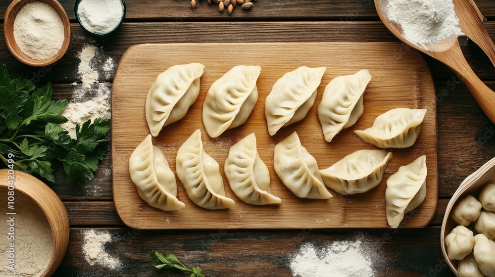 Top view of raw dumplings on a wooden board surrounded by flour, fresh parsley, and wooden spoons on a rustic table Top view of raw dumplings on a wooden board surrounded by flour, fresh parsley, and wooden spoons on a rustic table