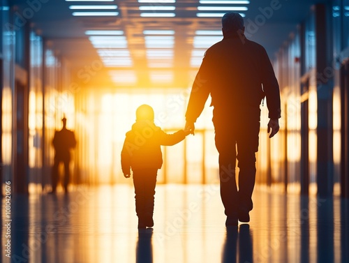 A silhouette of a parent and child walking together in a sunlit corridor.