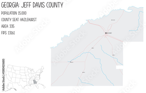 Large and detailed map of Jeff Davis County in Georgia, USA.