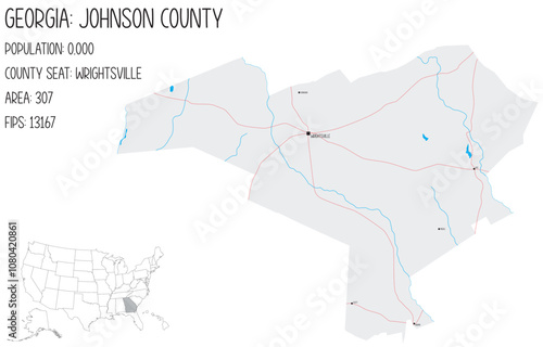 Large and detailed map of Johnson County in Georgia, USA.