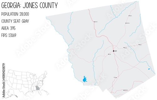 Large and detailed map of Jones County in Georgia, USA.