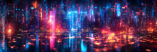 3D Abstract Neon Cityscape with Bright Lights and Glowing Towers