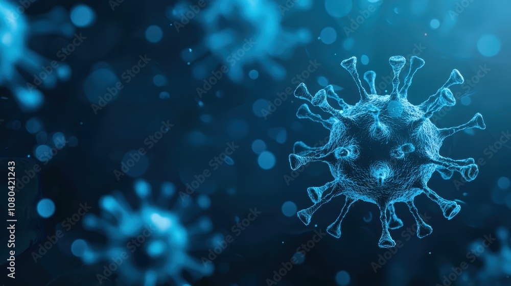 Close-up of a virus structure in a blue digital environment Close-up of a virus structure in a blue digital environment