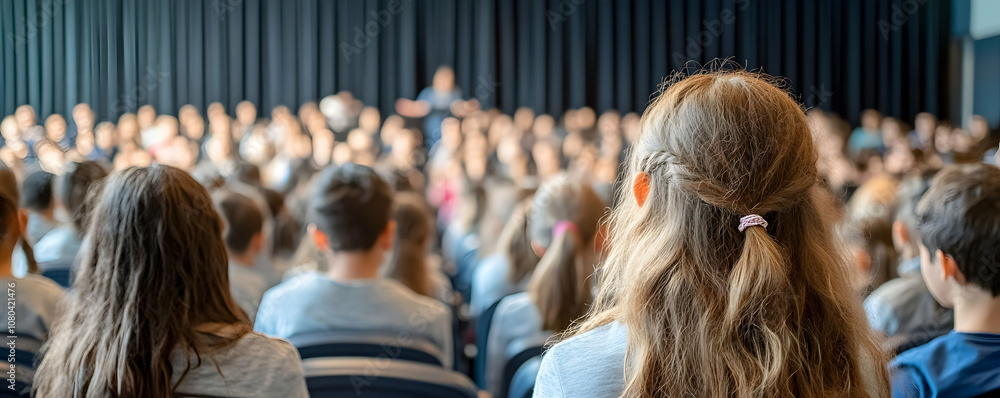 A Young Girl Sits in a Large Audience, Listening Attentively to a Speaker in Front of a Black Stage Curtain A Young Girl Sits in a Large Audience, Listening Attentively to a Speaker in Front of a Black Stage Curtain