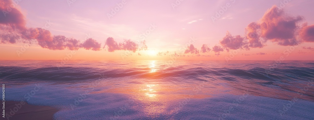 Pink sunset over calm ocean with soft clouds. Pink sunset over calm ocean with soft clouds.