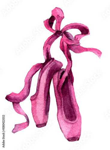 Watercolor illustration of pink pointe shoes and a bow. Part of ballerina’s wardrobe, soft ballet shoes, flats isolated. Design element for decor, prints, cards, gifts, invitations. Ballet symbol