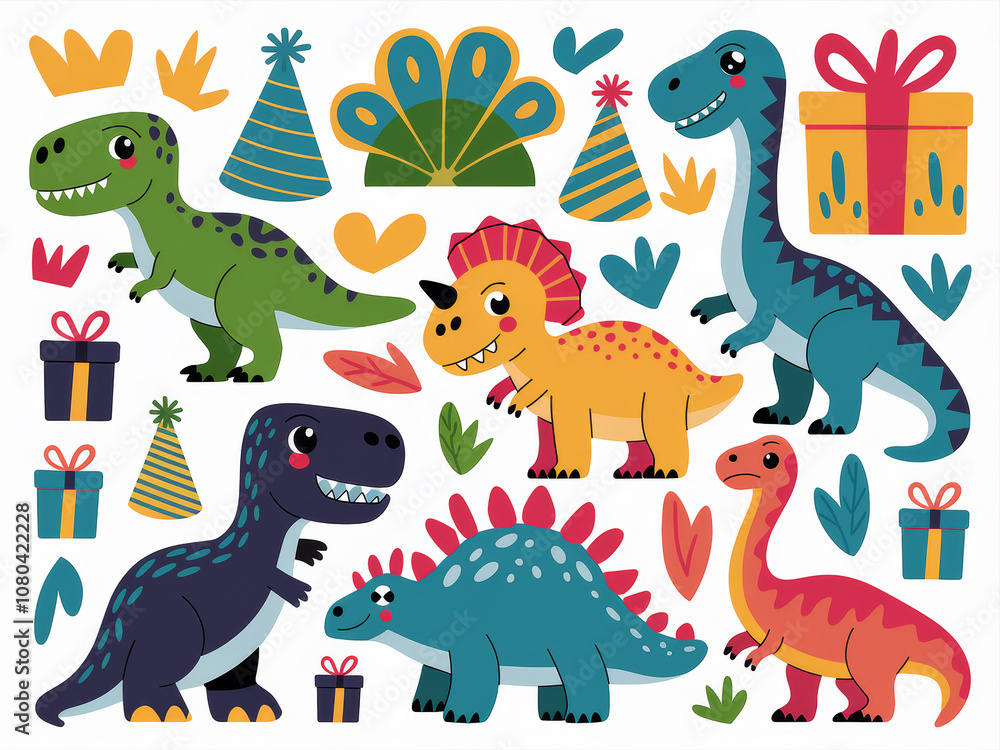 Fototapeta premium Colorful drawn dinosaurs and party elements for kids' celebrations