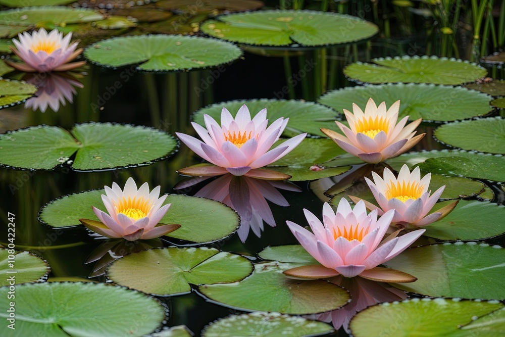 Serene Pond with Graceful Water Lilies in a Tranquil Aquatic Landscape Serene Pond with Graceful Water Lilies in a Tranquil Aquatic Landscape