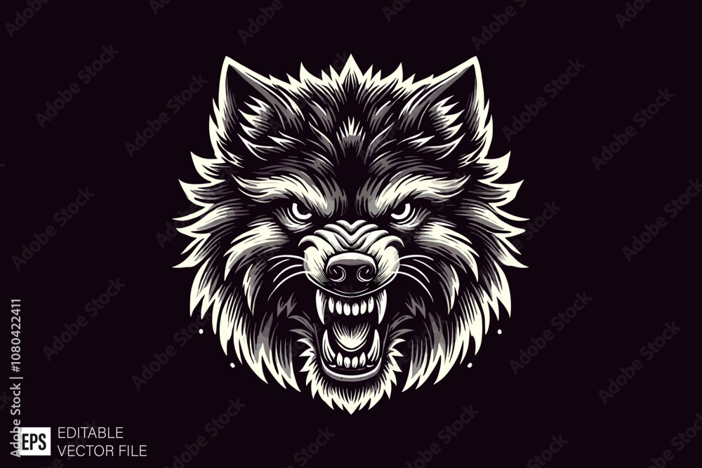 Fototapeta premium wolf head dark art style vector design black and white illustration