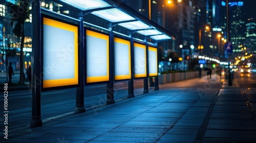 Urban night scene at an empty bus stop with illuminated billboards