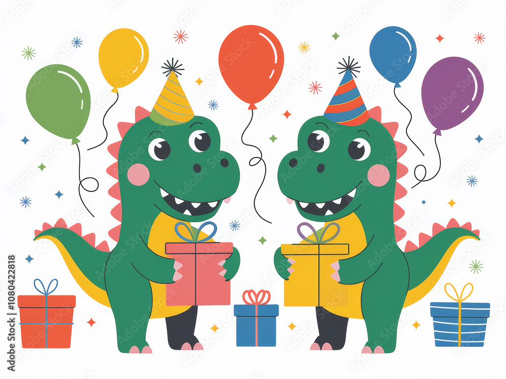Fototapeta premium Playful dinosaur birthday celebration with balloons and gifts