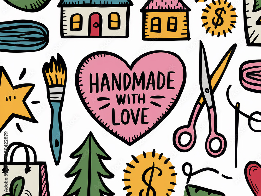 Fototapeta premium Crafting inspiration: handmade with love doodle collection featuring art supplies and cozy homes