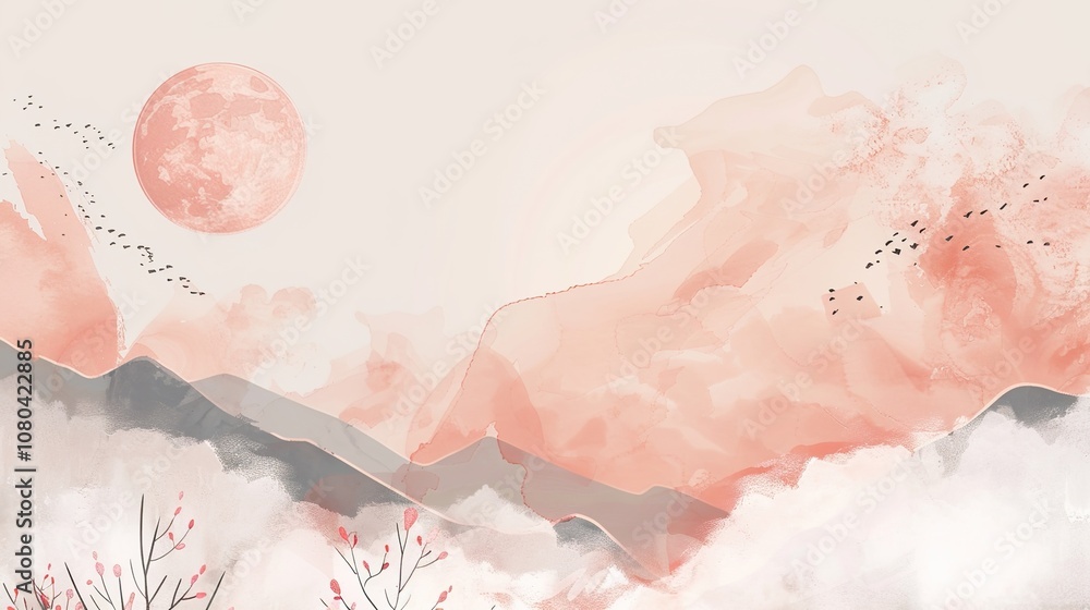 Obraz premium Majestic Misty Mountain Peaks in Traditional Chinese Ink Wash Landscape Painting Style