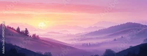 Wallpaper Mural Dreamy pink and purple sunrise over misty mountain valleys. Torontodigital.ca