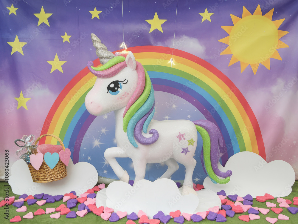 Fototapeta premium Colorful unicorn fantasy scene with rainbow, stars, and heart decorations