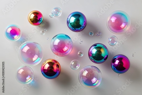 Vibrant Whimsical Fairytale Spheres and Soap Bubbles with Iridescent Hues on a Clean White Background