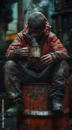 A Man in a Red Jacket and a Worn Beanie Sits on a Rusty Barrel, Holding a Steaming Mug of Hot Drink.