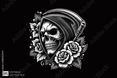 grim reaper illustration dark art style vector design black and white illustration