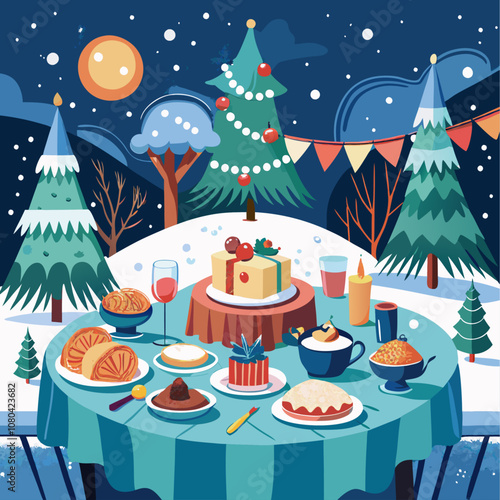 Christmas dinner table in the style of a vintage Christmas card