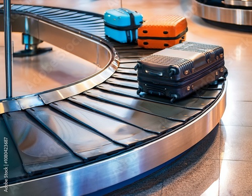 Several suitcases moving along the airport's baggage carousel.