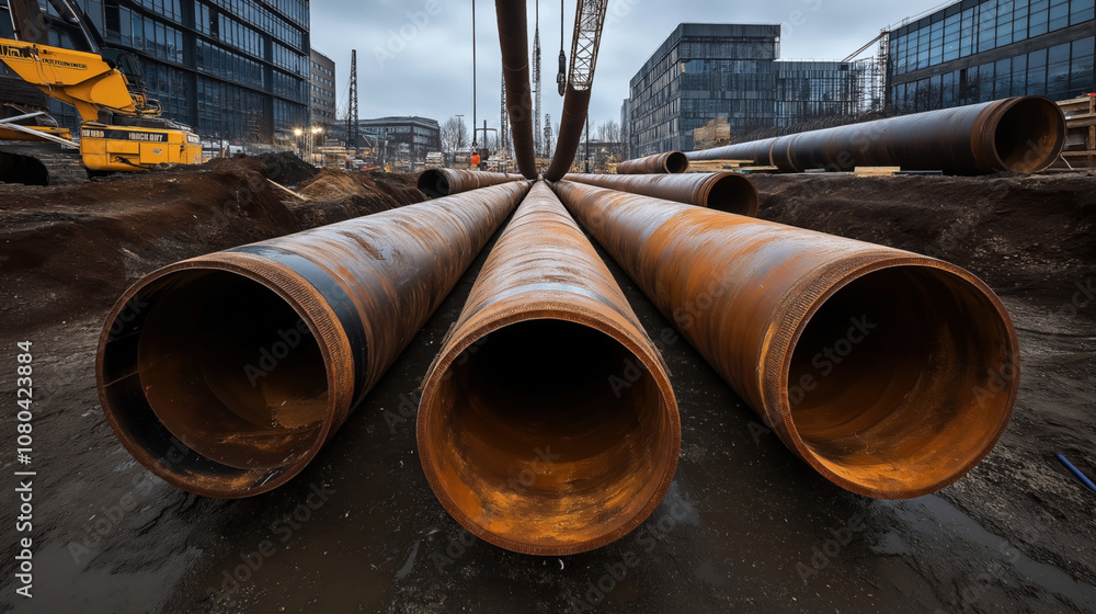 Large industrial pipes arranged on a construction site with cranes and modern office buildings in the background, under an overcast sky. Large industrial pipes arranged on a construction site with cranes and modern office buildings in the background, under an overcast sky.