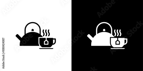Teapot with teabag on cup icon linear logo isolated