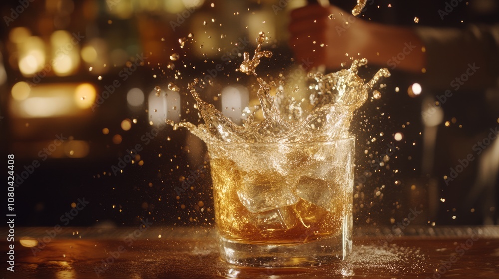 Cocktail craft shaker, A glass of whiskey splashes with ice in a bar setting. Cocktail craft shaker, A glass of whiskey splashes with ice in a bar setting.