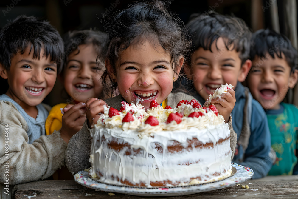 Group of Children Joyfully Celebrate with Strawberry Cake Group of Children Joyfully Celebrate with Strawberry Cake